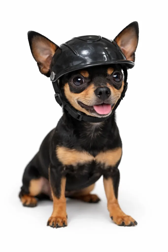 pincher con casco negro.webp