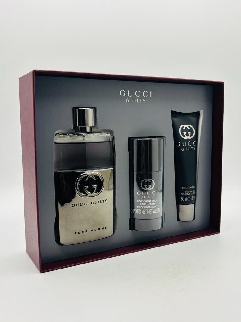 Gucci Guilty Men 3pc Set EDT Spray 3.0 Oz Deo Stick 2.4 Oz Shower Gel 1.6oz