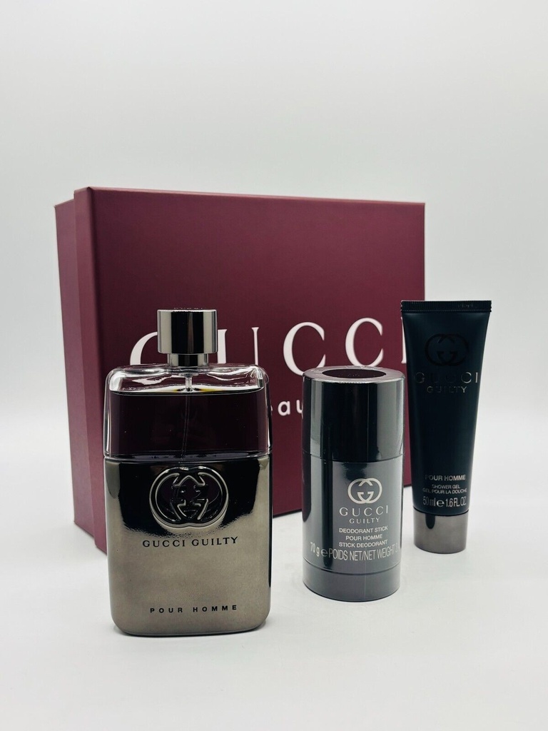 Gucci Guilty Men 3pc Set EDT Spray 3.0 Oz Deo Stick 2.4 Oz Shower Gel 1.6oz