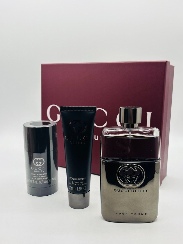 Gucci Guilty Men 3pc Set EDT Spray 3.0 Oz Deo Stick 2.4 Oz Shower Gel 1.6oz