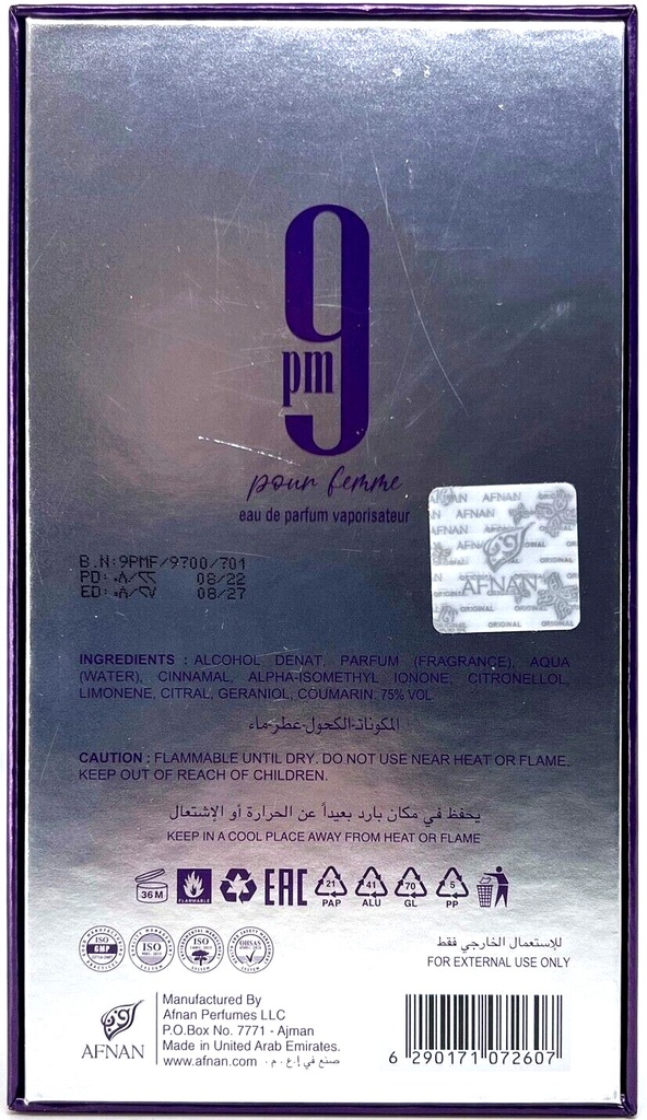 Afnan 9 Pm by Afnan Perfumes EAU DE PARFUM SPRAY 3.4 OZ for WOMEN