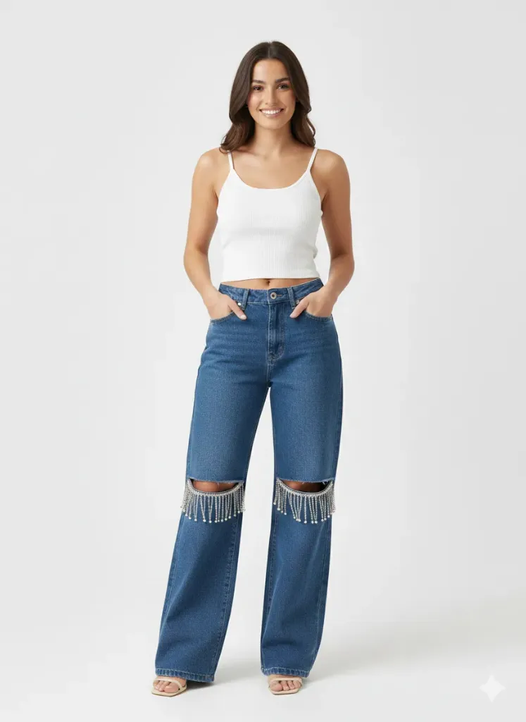 JEANS ROTO CRISTALES BASTA ANCHA