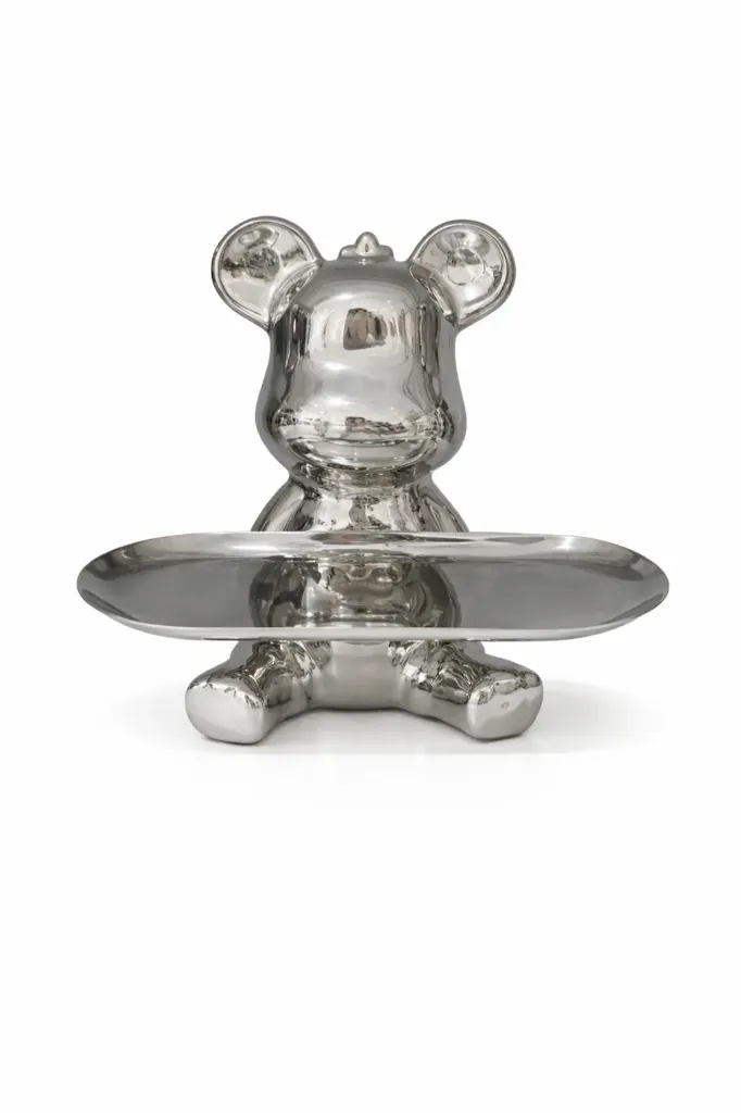 ADORNO / ALCANCIA OSITO CON BANDEJA PLATEADO