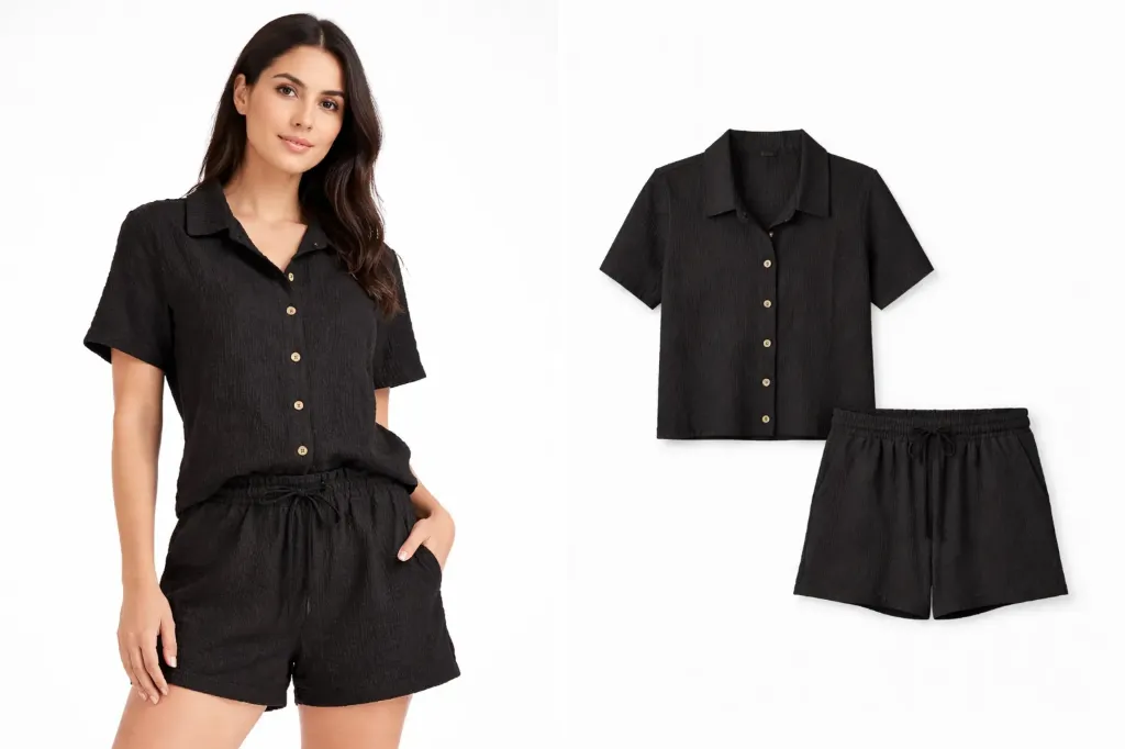 SET DE SHORT  NEGRO / TSHIRT DE BOTONES