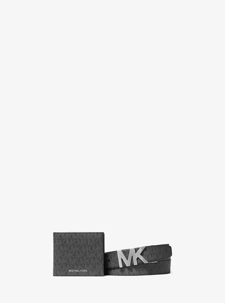 Michael Kors Signature Logo Wallet and Reversible Belt Gift Set / BLK