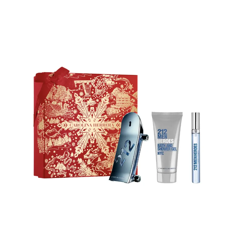 Set 212 Men Heroes Carolina Herrera Incluye: Perfume EDT 100 ml + Gel de Baño 100 ml + Eau de Toilette 10 ml