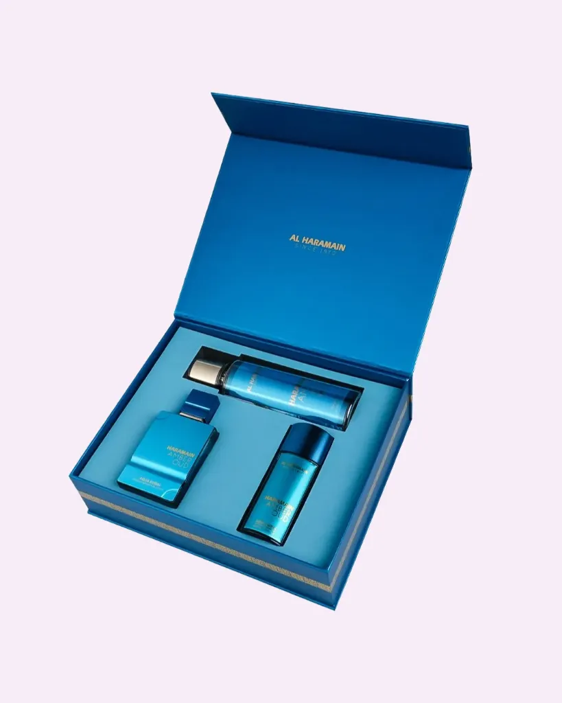 ESTUCHE AL HARAMAIN AMBER OUD AQUA DUBAI EDP / UNI 3 PZS 2.5 OZ + 30 ML + SPLASH 