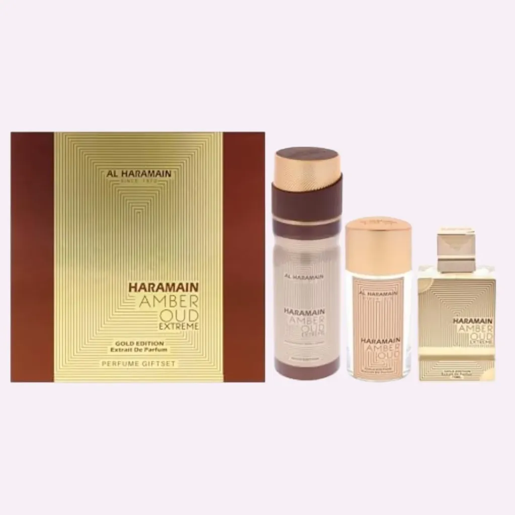 Al Haramain Amber Oud - Gold Edition Extreme   3 Pc Gift Set 2.5oz Extrait De Parfum Spray  1oz Extrait De Parfum Spray  6.6oz Body Spray