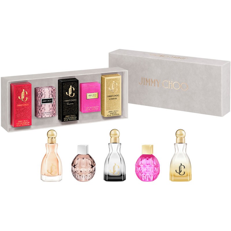 ESTUCHE MINIATURA Jimmy Choo  5 Pc  I WANT CHOO & ROSE PASSION & I WANT CHOO FOREVER & I WANT CHOO LE PARFUM and ALL AR