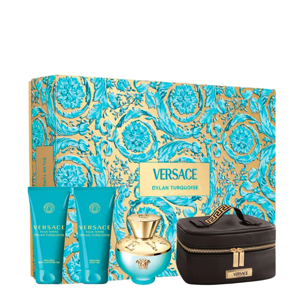 ESTUCHE VERSACE DYLAN TURQUESA EDT / D 4 PZS BL + SG + 3.4 OZ + BOLSO 