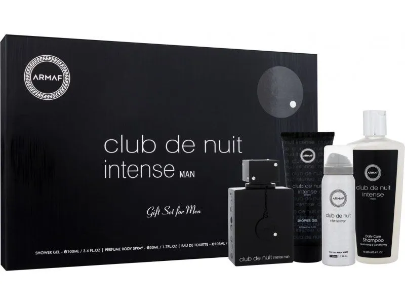 ESTUCHE ARMAF Club De Nuit Intense for Men - 4 Pc Gift Set 3.6oz EDT Spray, 1.7oz Body Spray, 3.4oz Shower Gel, 8.4oz Shampoo
