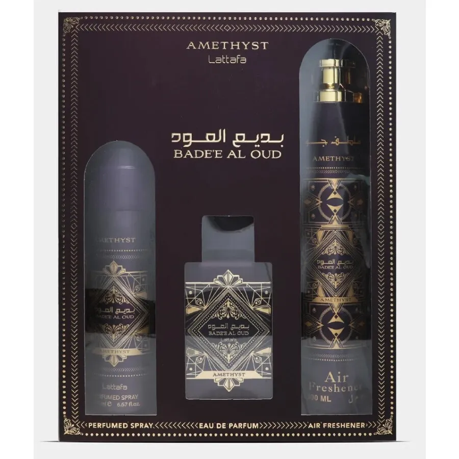 ESTUCHE LATTAFA AMETHISTE EDP / D 3 PZS 3.4 OZ + AMBIENTADOR + SPRAY 