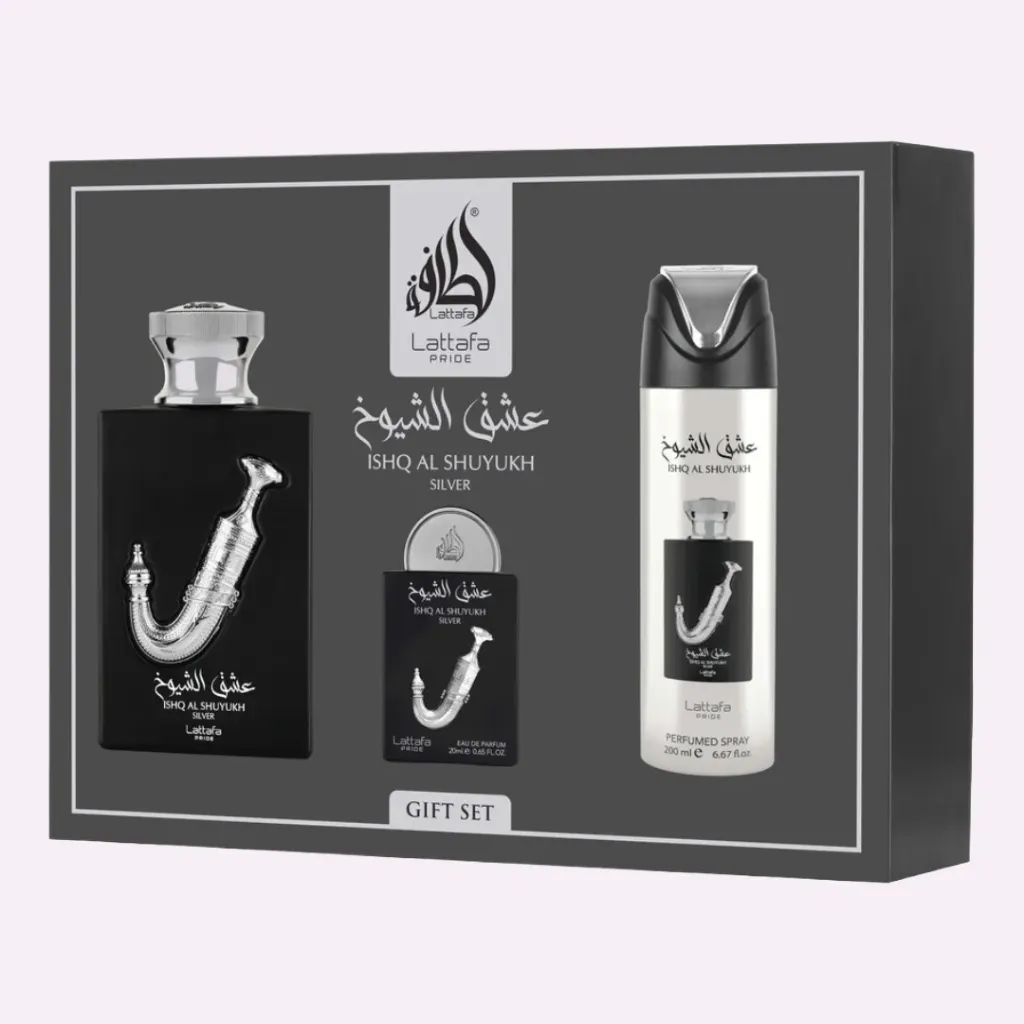 ESTUCHE LATTAFA ISHQ AL SHUYUKH SILVER EDP / UNI 3 PZS 3.4 OZ + 20 ML + SPRAY 