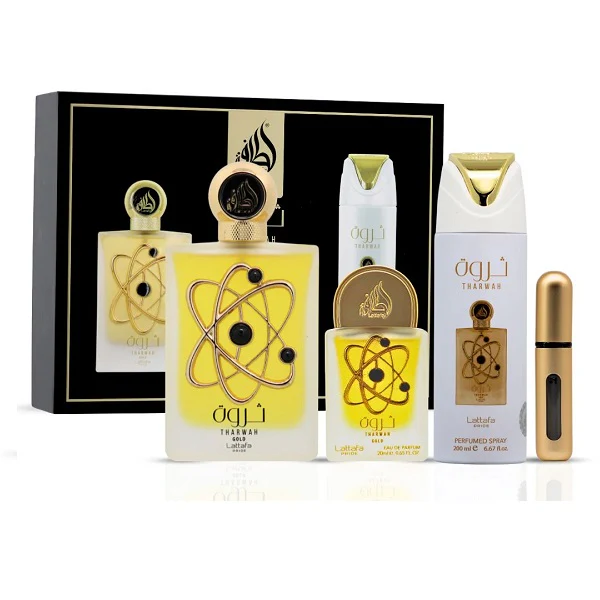 ESTUCHE LATTAFA THARWAH GOLD EDP / D 3 PZS 3.4 OZ + 20 ML + SPRAY 