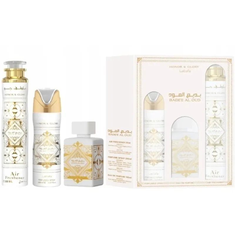 ESTUCHE LATTAFA HONOR Y GLORY EDP / UNI 3 PZS 3.4 OZ + AMBIENTADOR + SPRAY 